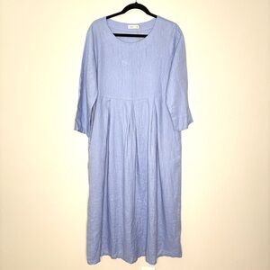 NWT Grae Cove 100% Linen Midi Dress Pullover Pleated Skirt A-Line In Blue Size M
